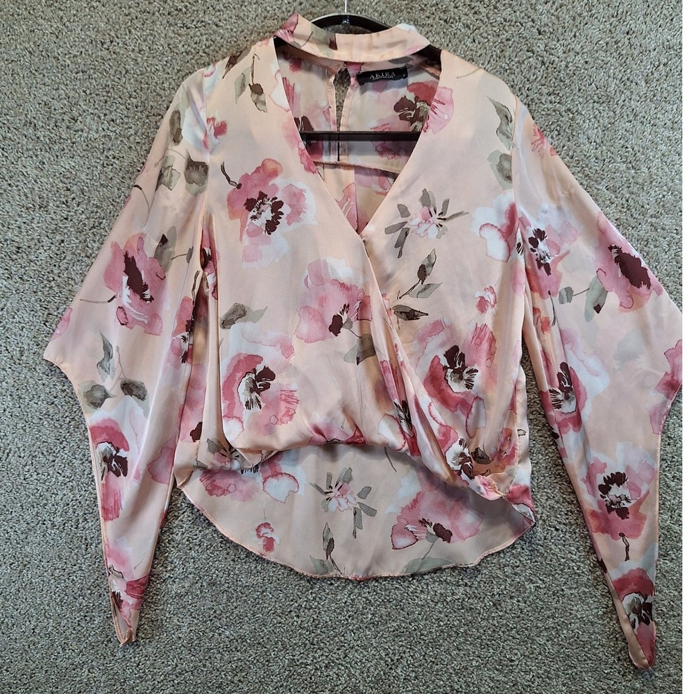 Akira Blouse Womens Medium Pink Floral Satin Faux Wrap Bell Sleeve Boho Romantic